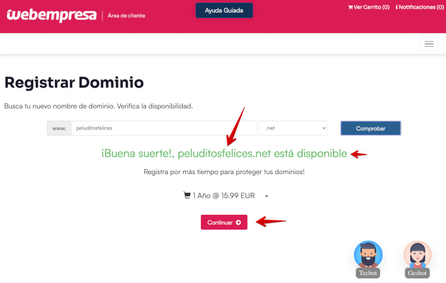 Área de Cliente de Webempresa - Dominio a registrar disponible