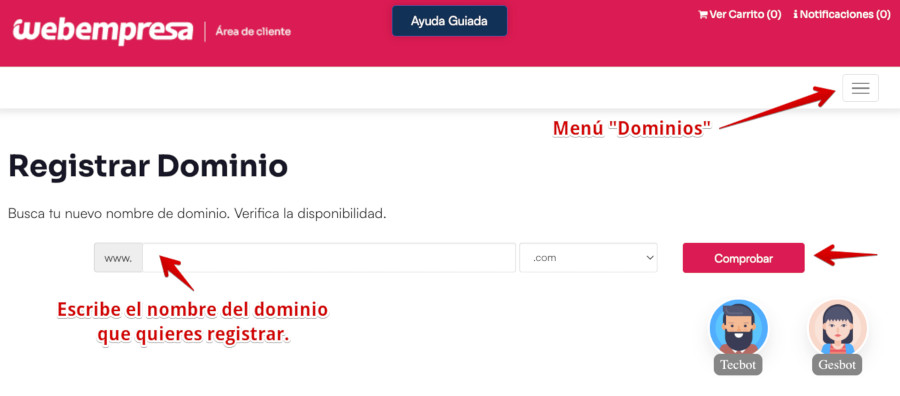 Área de Cliente de Webempresa - Dominio a registrar