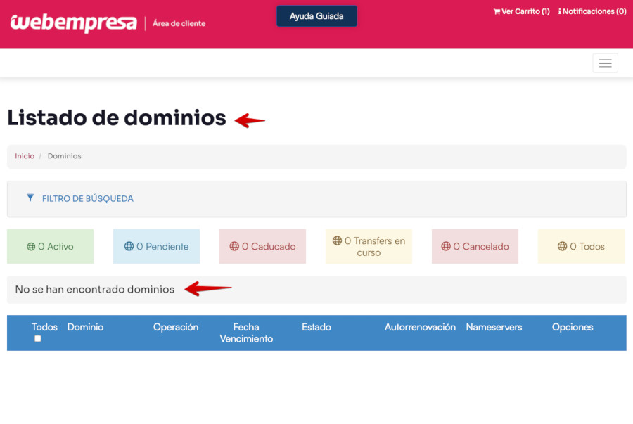 Área de Cliente de Webempresa - Listado de dominios - Sin dominios