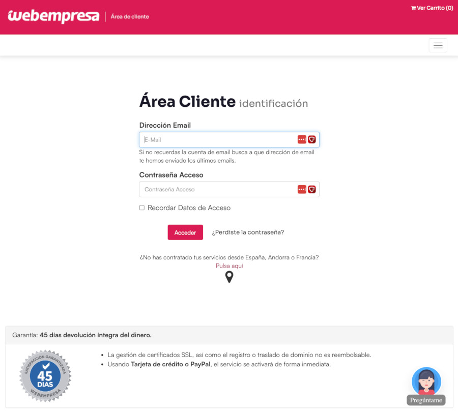 Área de Cliente de Webempresa