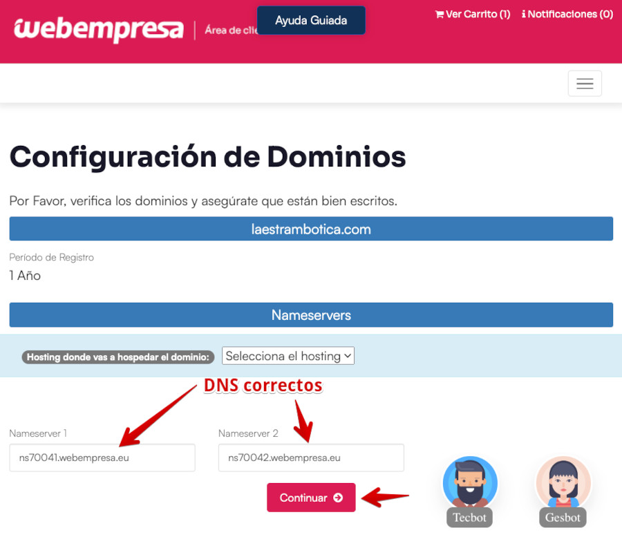 Área de Clientes - Dominios - Cambiar los DNS asignados