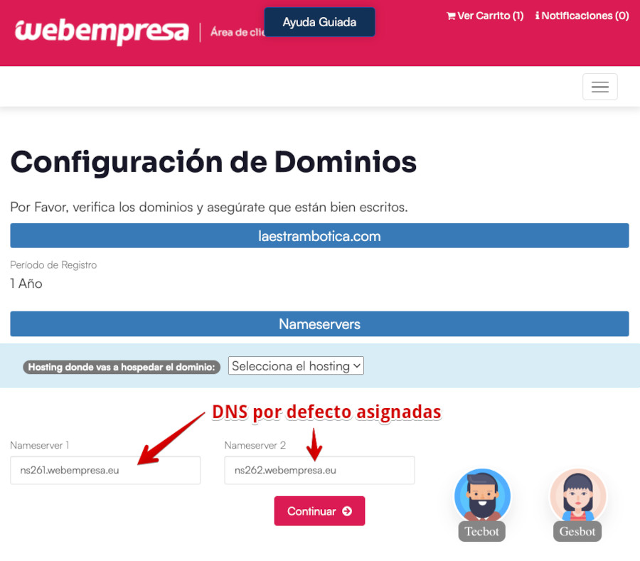 Área de Clientes - Dominios - DNS asignadas por defecto