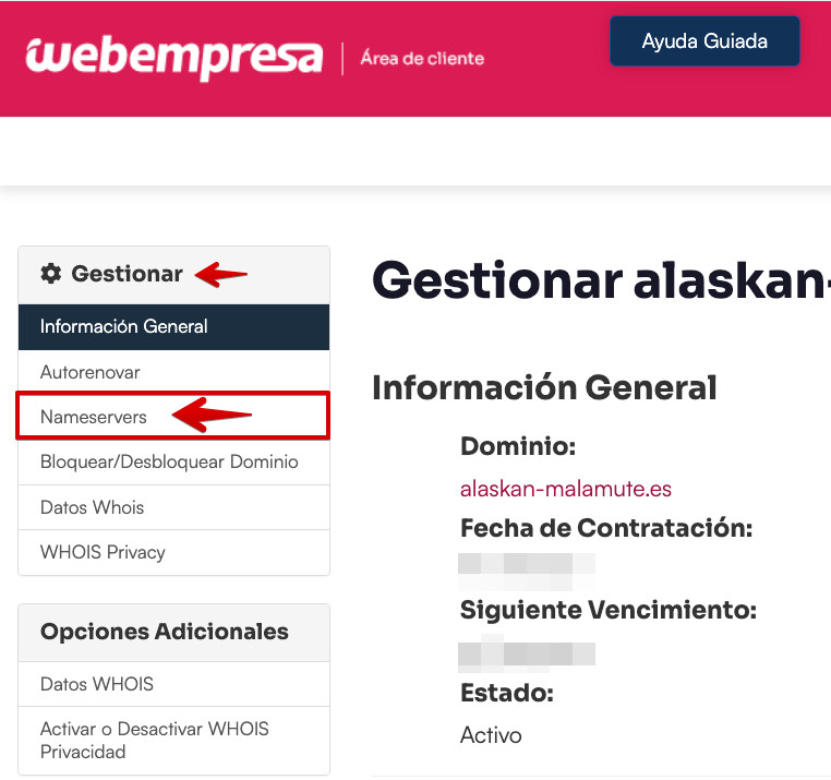 Área de Cliente - Dominios - Gestionar - Menú Nameservers