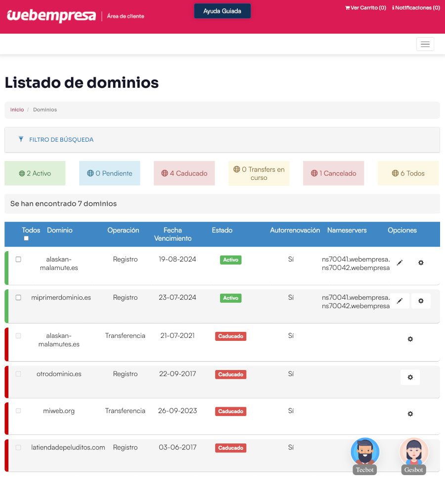 Área de Clientes - Dominios - Listado de Dominios y estado