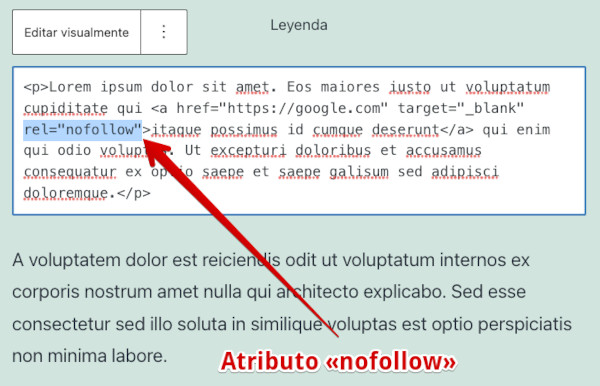 En la edición HTML se observa el atributo nofollow en la URL