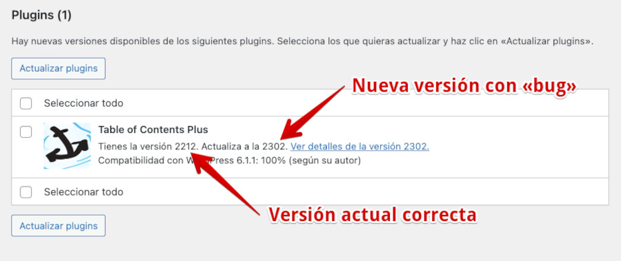 Aviso de actrualización del plugin TOC+ en el dashboard