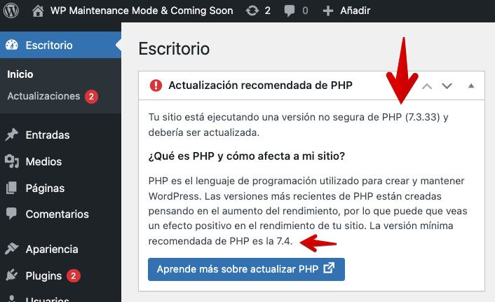 Aviso de versión de PHP incorrecta en el escritorio de WordPress