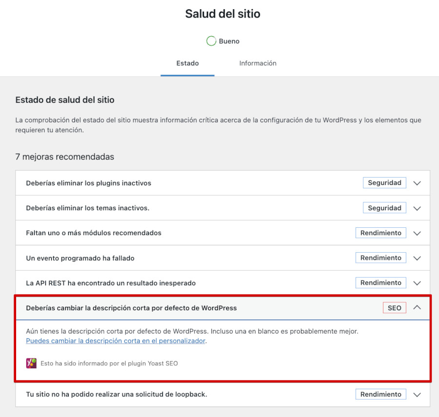 Aviso de Yoast SEO - Deberías cambiar la descripción corta por defecto de WordPress
