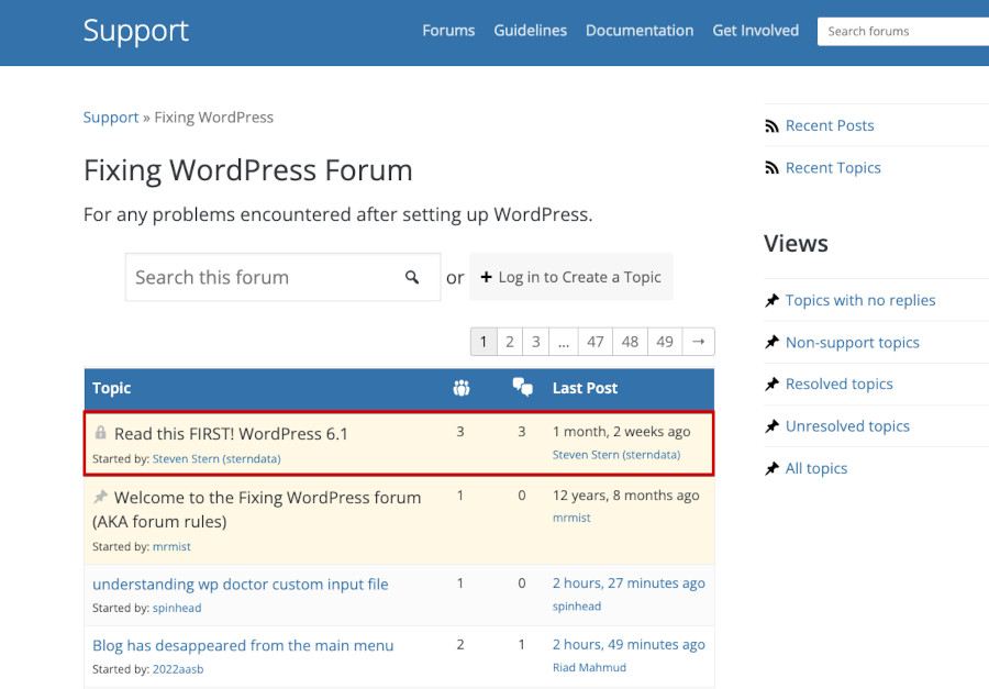Avisos de actualizaciones y errores en el Foro oficial de WordPress