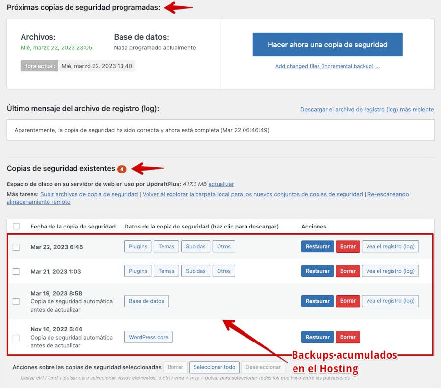 Backups en WordPress acumulados por plugins de copias