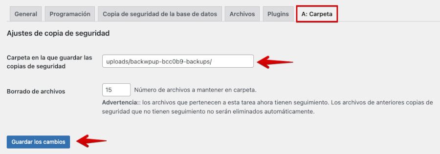 BackWPup – Carpeta en la que guardar las copias de seguridad