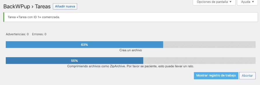 BackWPup – Tarea de backup en ejecución