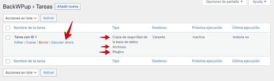 BackWPup – Tareas de backups a ejecutar