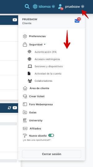 Barra superior de WePanel - Menú usuario desplegable