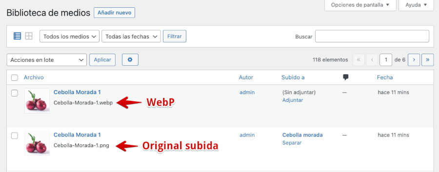 Imagen en formato WebP en la biblioteca de medios