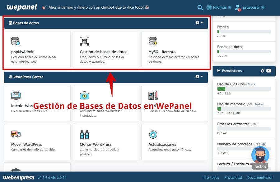 Bloque de gestión de bases de datos en WePanel, de Webempresa