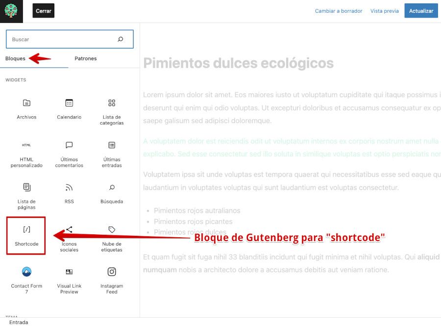 Bloque de shortcode en Guteneberg