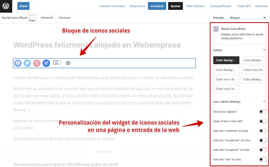 Bloque de iconos sociales en una entrada de WordPress