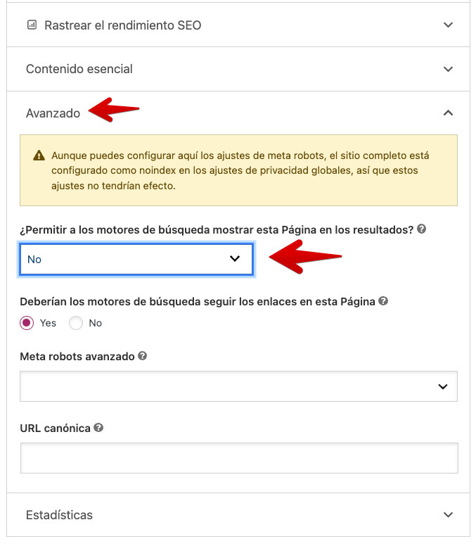 Activar noindex en páginas y entradas