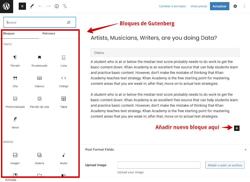 Entrada con bloques de Gutenberg