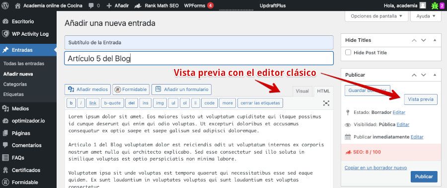 Botón de vista previa en una Entrada con el editor clásico