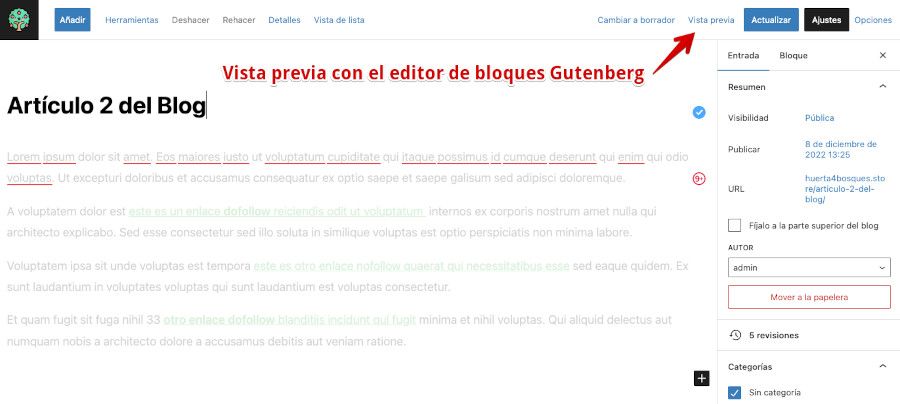 Botón de vista previa en una Entrada con Gutenberg