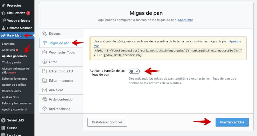 Ajustes de migas de pan en Rank Math SEO