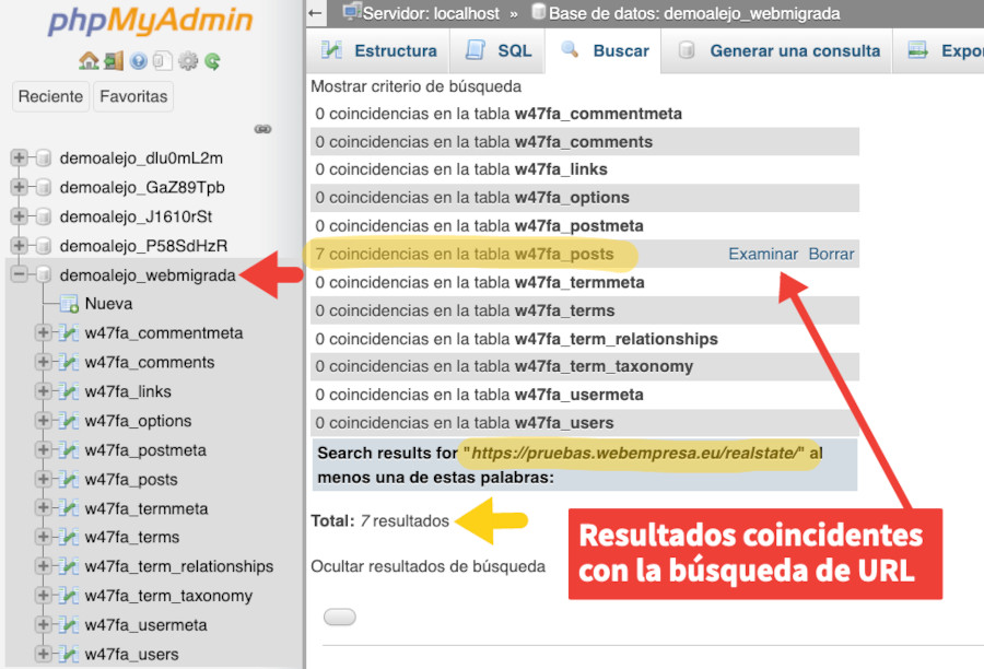 Búsqueda SQL a la base de datos para ver cuantas URL antiguas hay que cambiar