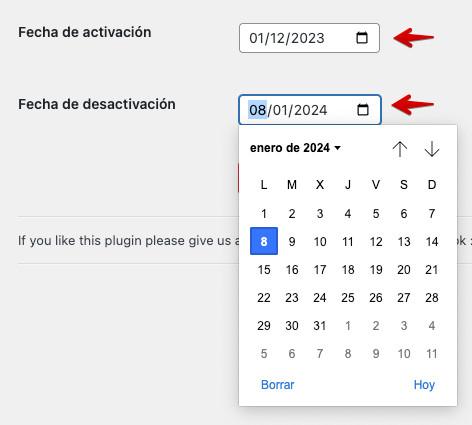 Calendario activación y desactivación del plugin Christmasify!