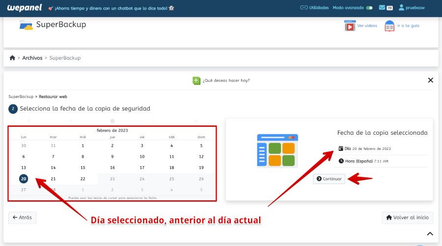 Seleccionar un día del calendario para restaurar backup