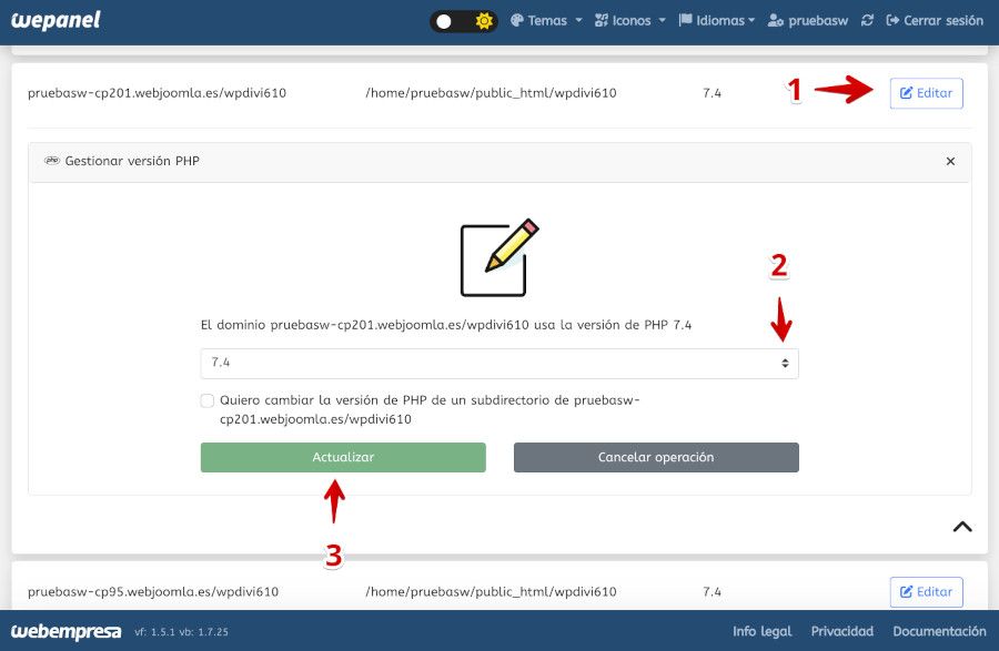 Cambiar la versión de PHP desde WePanel de Webempresa