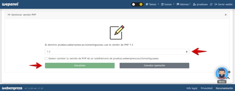 Cambiar versión PHP desde wePanel