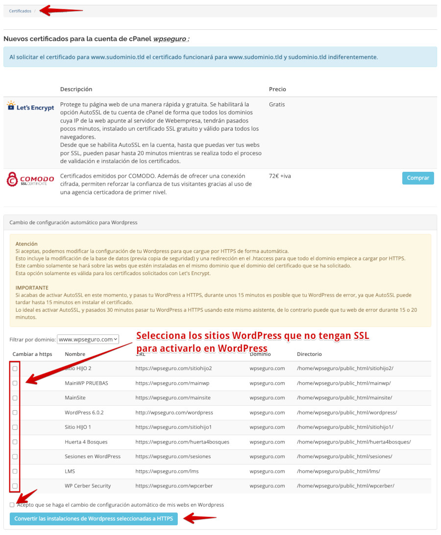 Aplicar SSL sitios WordPress seleccionados