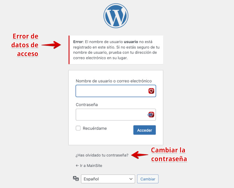 Solicitud de cambio de contraseña en el formulario de acceso de WordPress