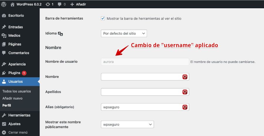 Username modificado visible en el dashboard de WordPress