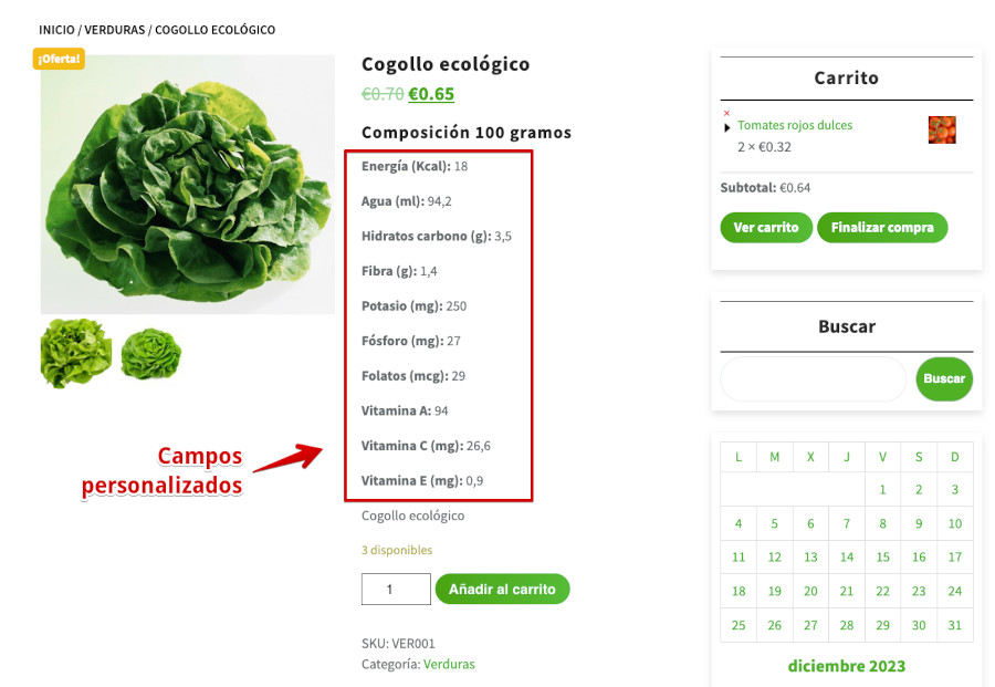 Ejemplo de campos personalizados en un producto de WooCommerce