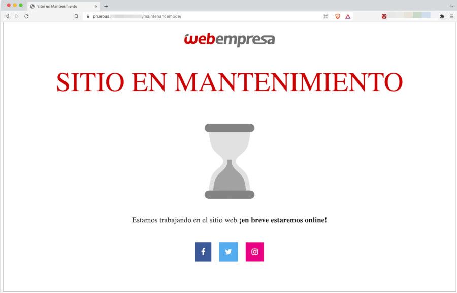 Resultado de aplicar el modo mantenimiento mediante código - Vista escritorio