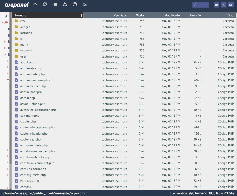 Carpeta de archivos de la administración de WordPress