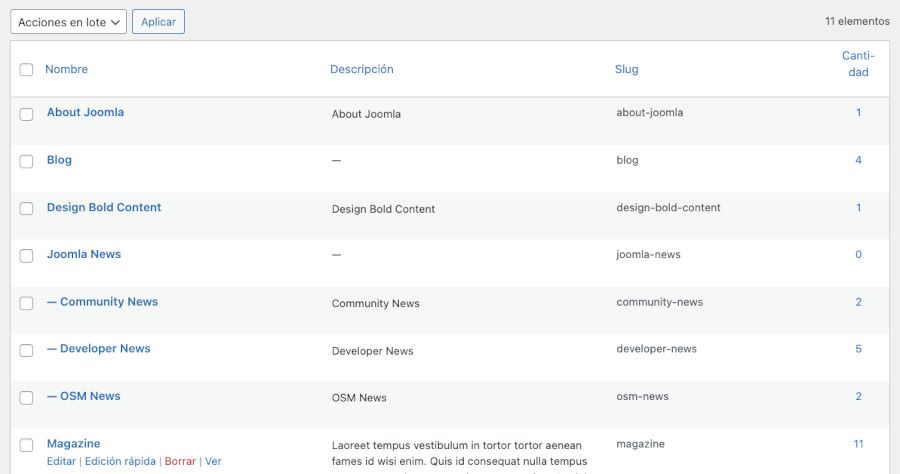 Listado de categorías importadas a WordPress
