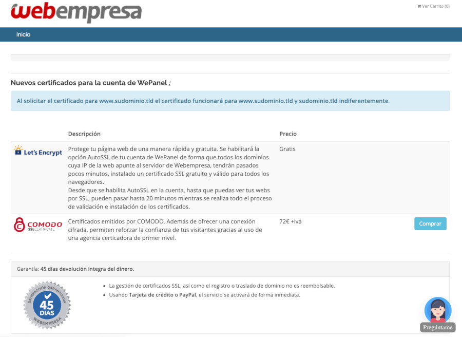 Certificados SSL en Área de Cliente de Webempresa