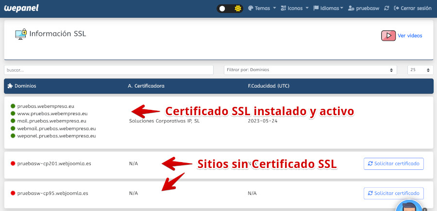 Certificados SSL en wePanel