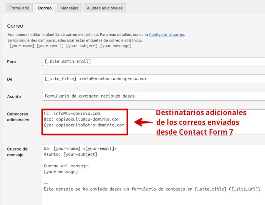 Destinatarios adicionales de correos enviados desde CF7