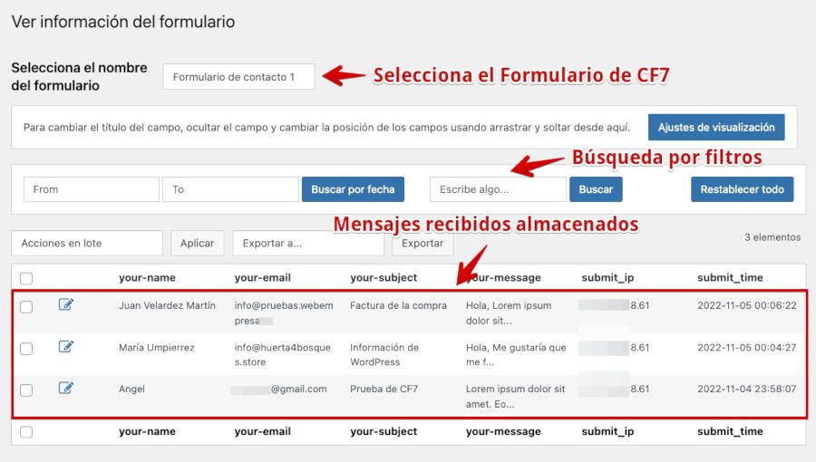 Lista de emails enviados desde Contact Form 7