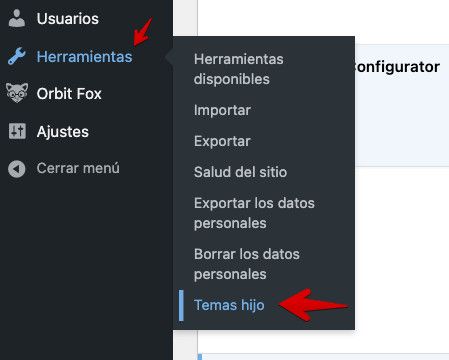 Menu Herramientas plugin Child Theme Configurator