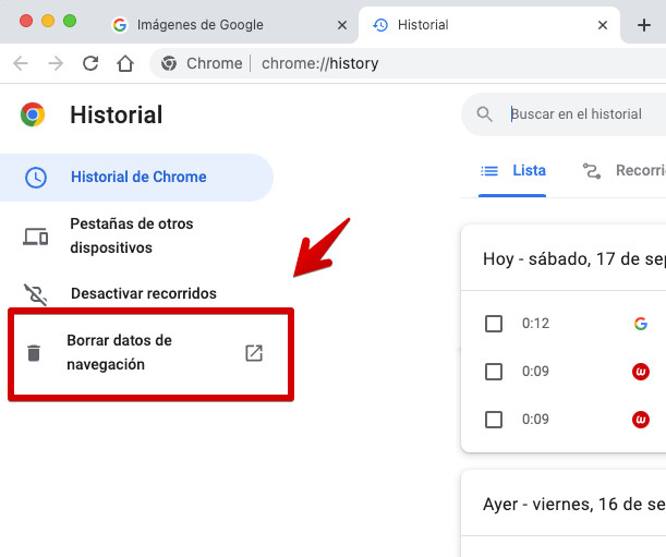 Opcion borrar datos de navegacion en Chrome