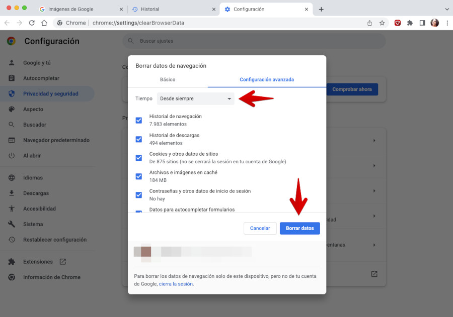 Borrar datos de navegacion en Chrome