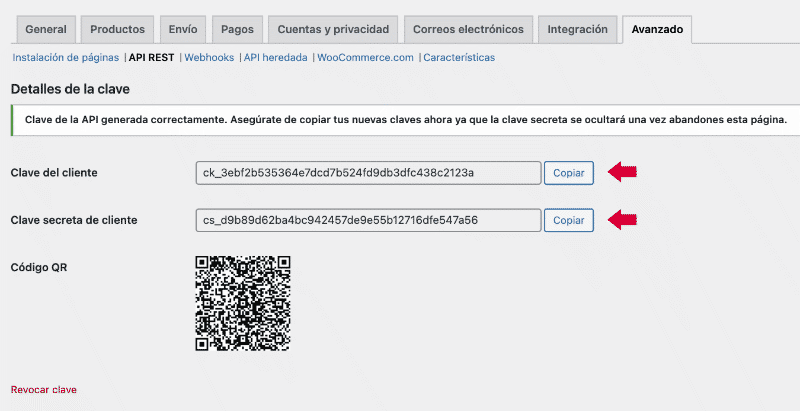 Clave api generada rest WooCommerce