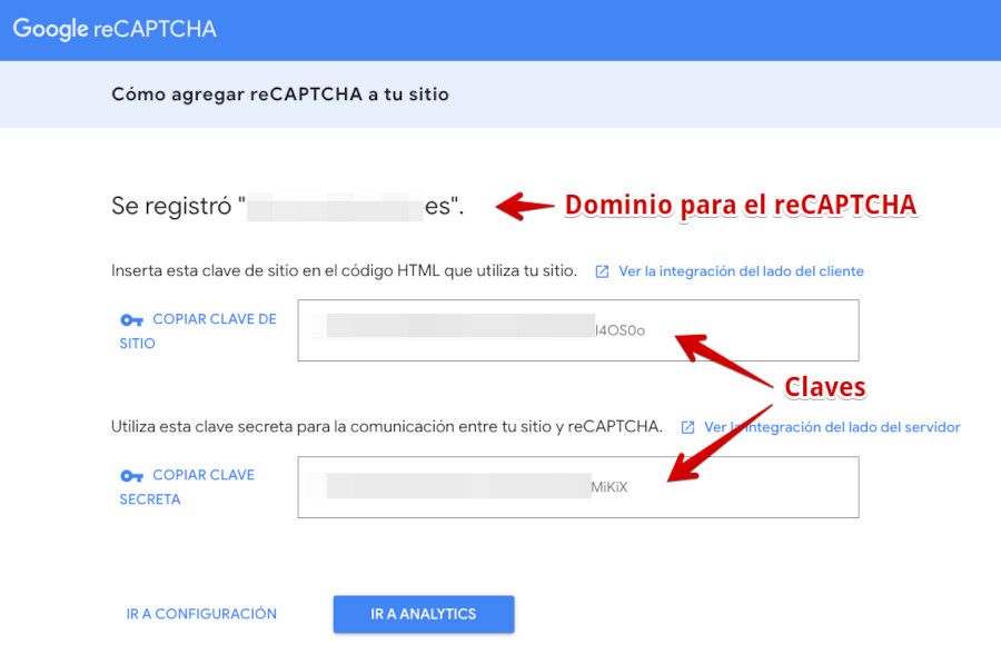 Claves pública y privada de reCAPCTHA v3