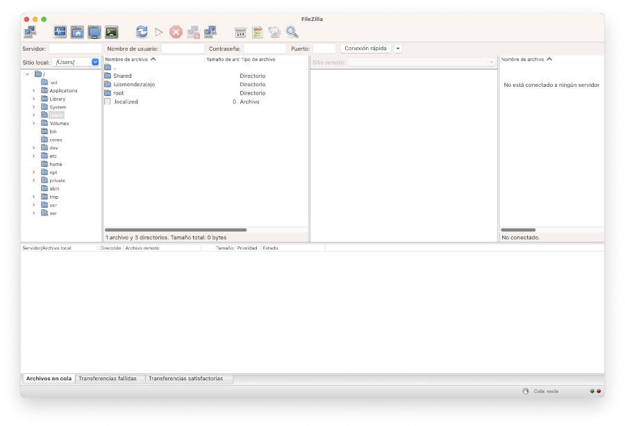 Dashboard del cliente FTP Filezilla