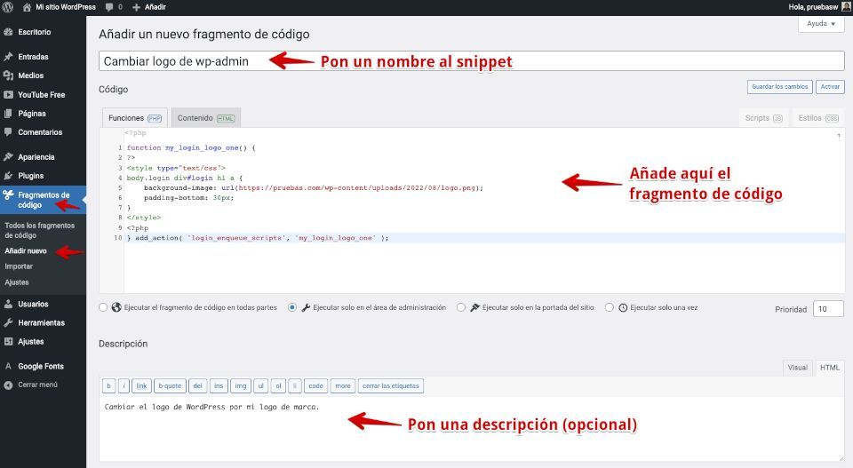 Accion en plugin Code Snippets